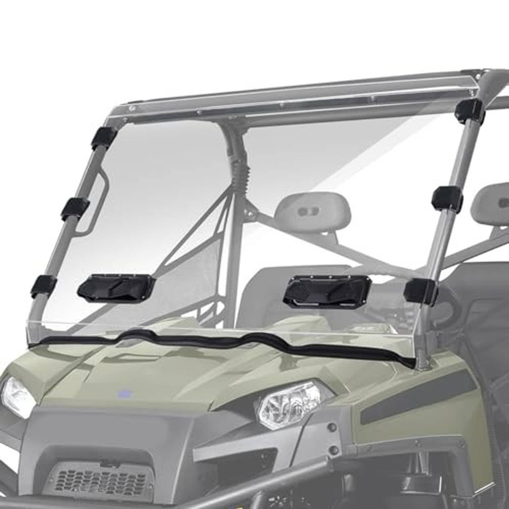 Vented UTV windshield with black frame and clear panel mounted on front vehicle