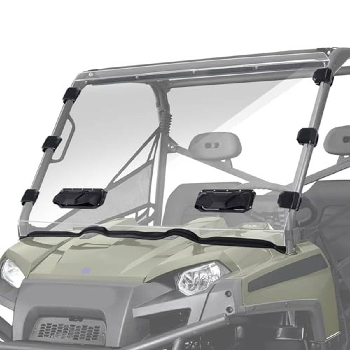 Vented UTV windshield with black frame and clear panel mounted on front vehicle