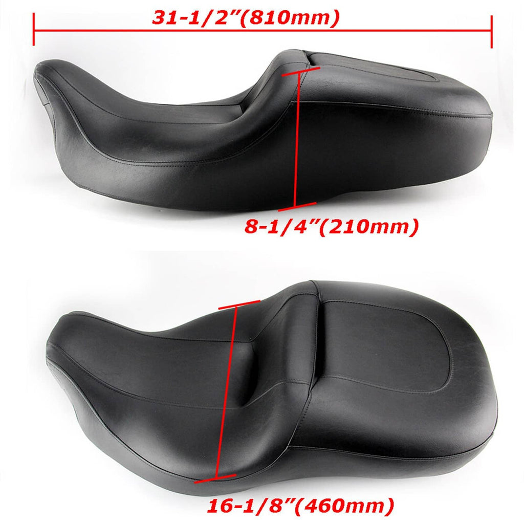 Black 2-up motorcycle seat shown with dimensions, contoured rider and passenger sections