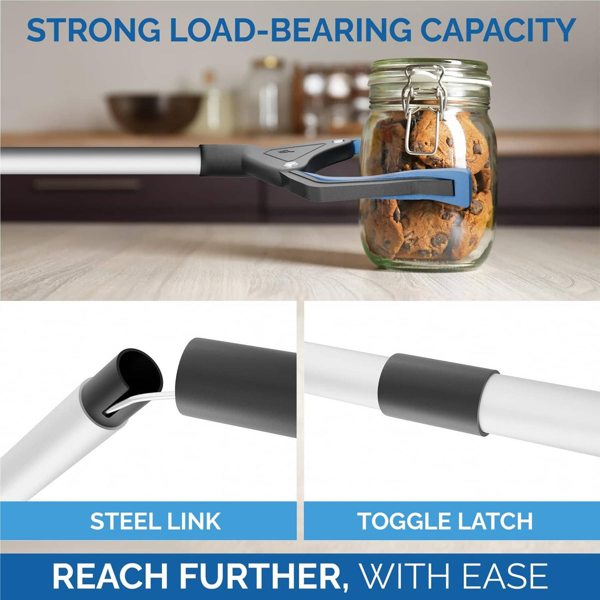 Grabber reacher tool extending to lift a jar from the floor with its wide claw