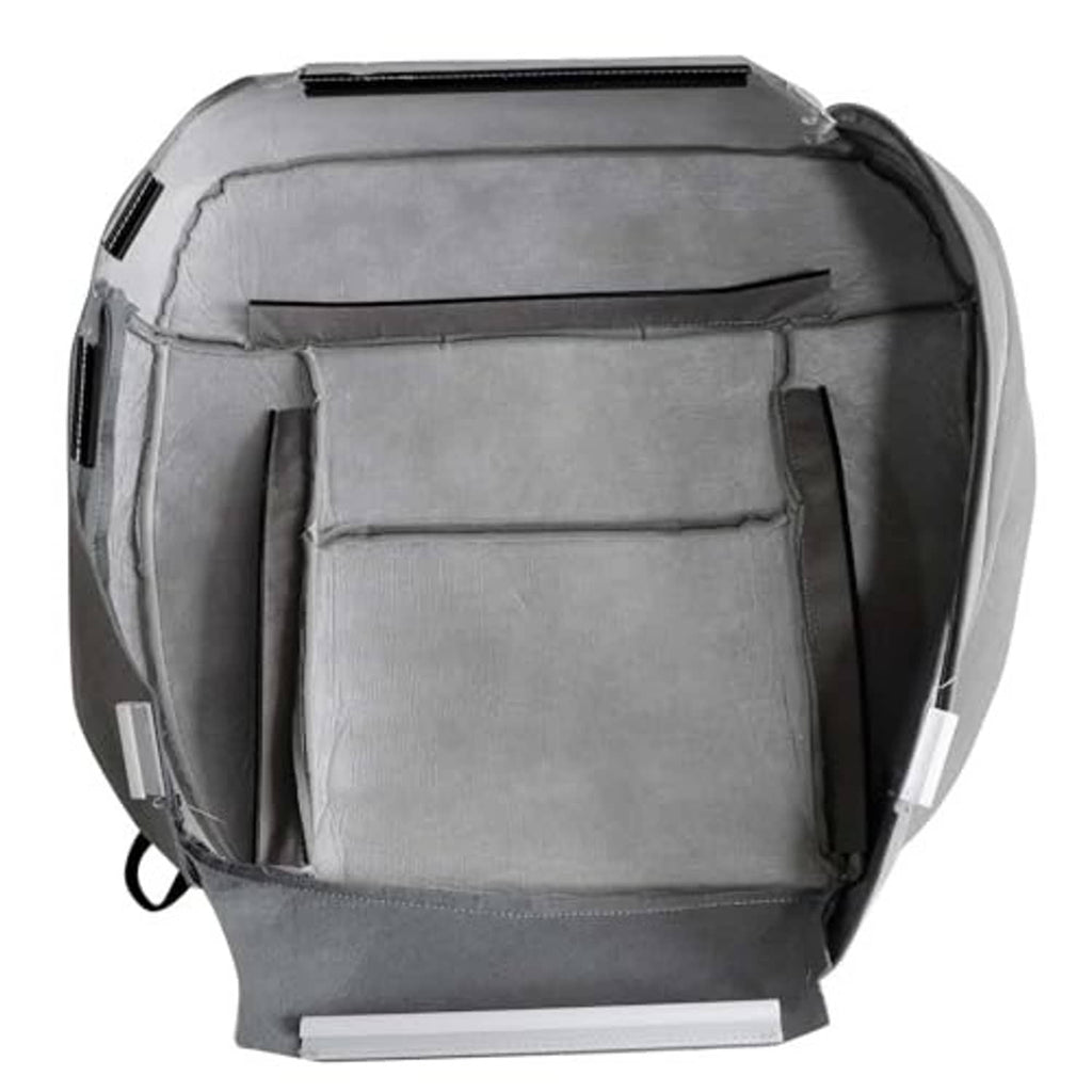 Gray cloth seat cushion cover back view, top handle and stitched center panel