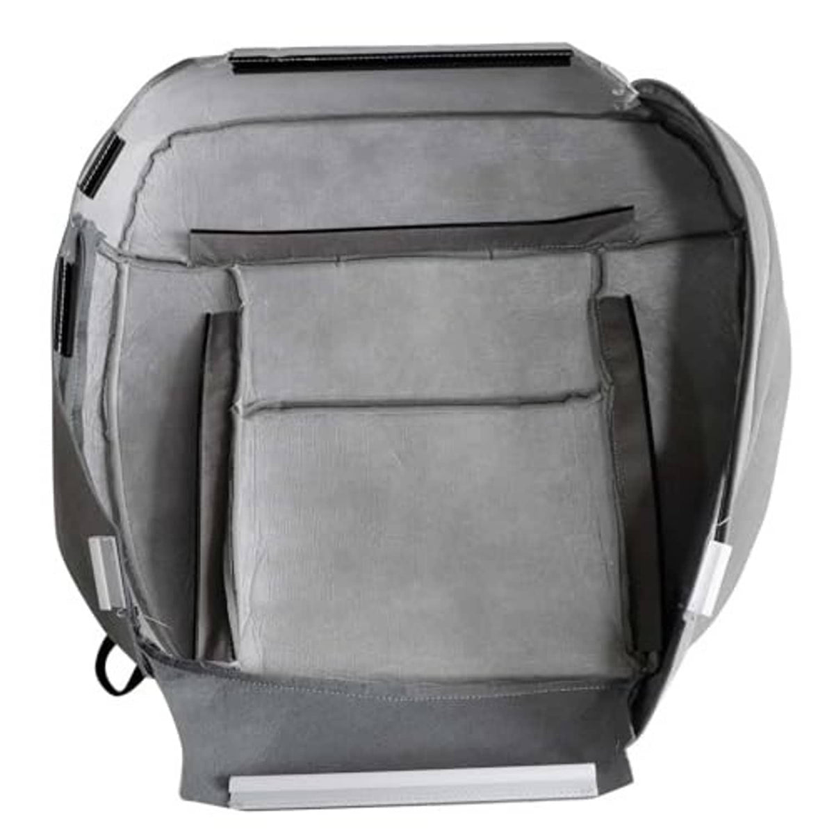 Gray cloth seat cushion cover back view, top handle and stitched center panel