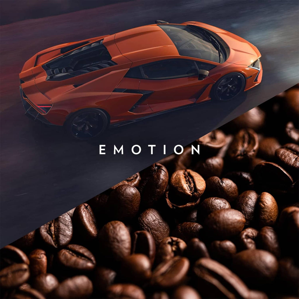 Dark roasted coffee beans with an orange sports car on a motion graphic