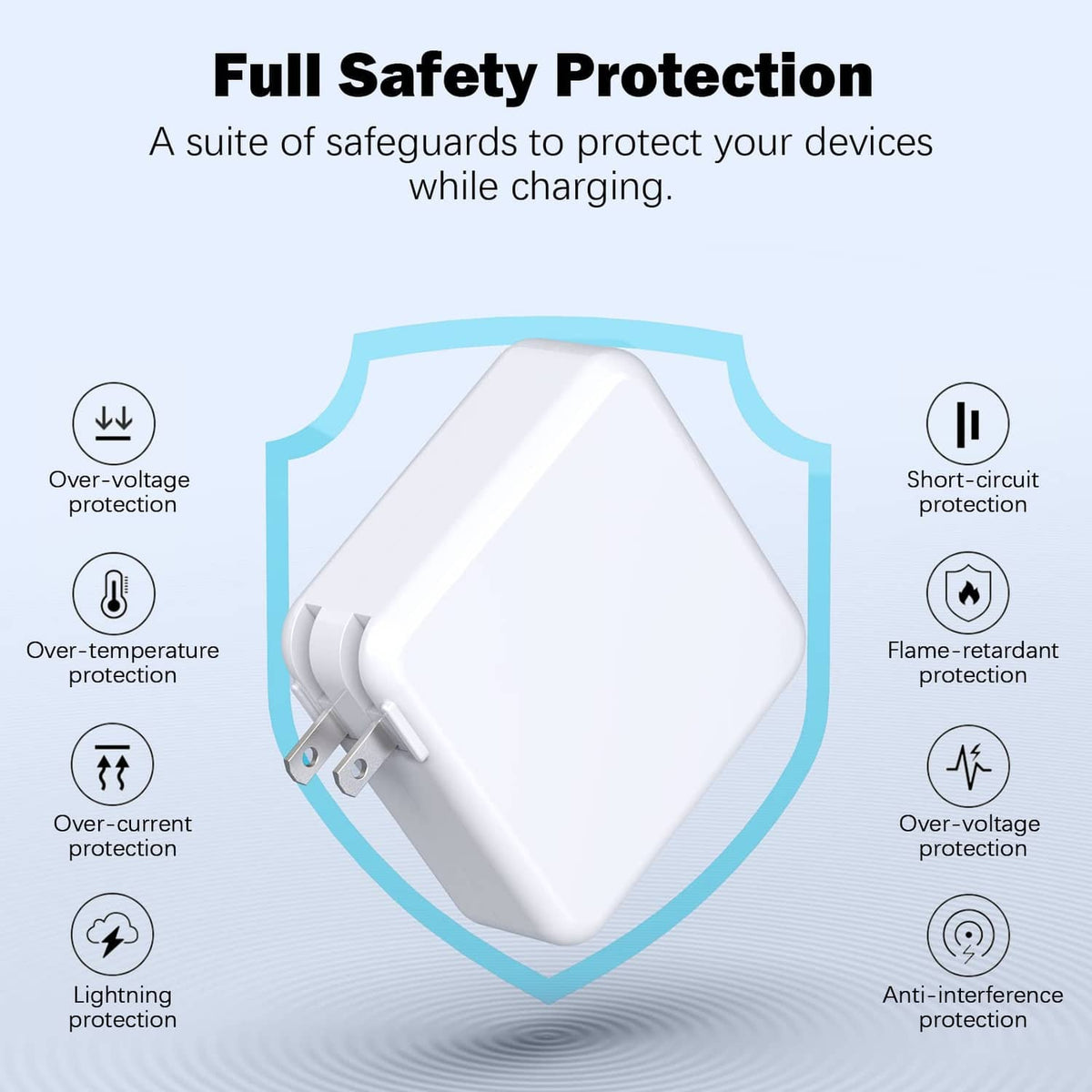 White USB-C charger adapter with safety protection design