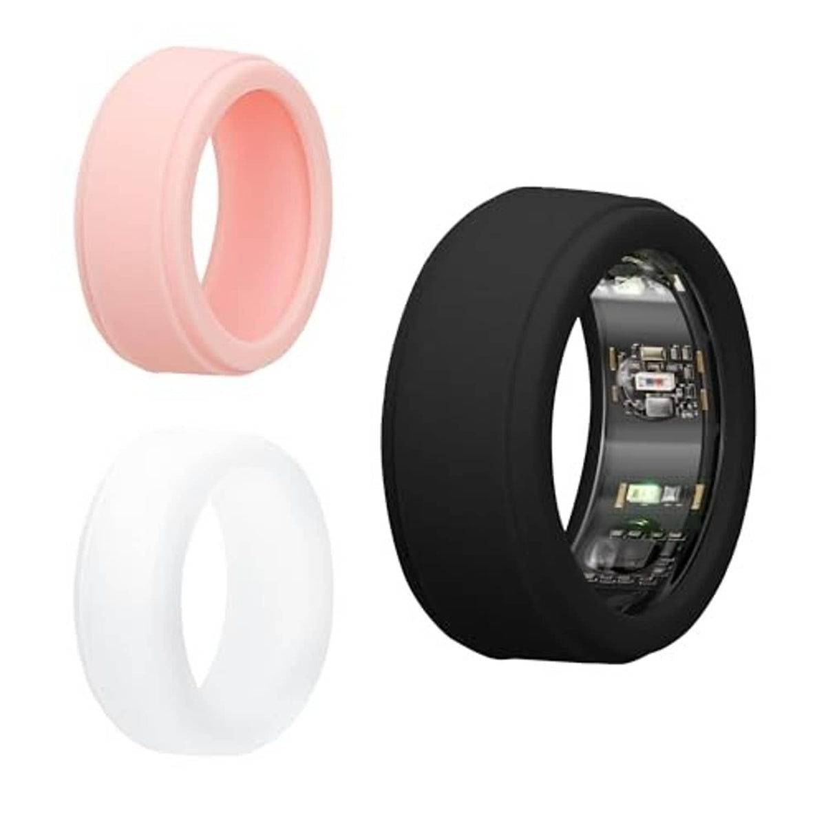 Silicone smart ring protective covers in dusty pink and black, with a white sleeve.