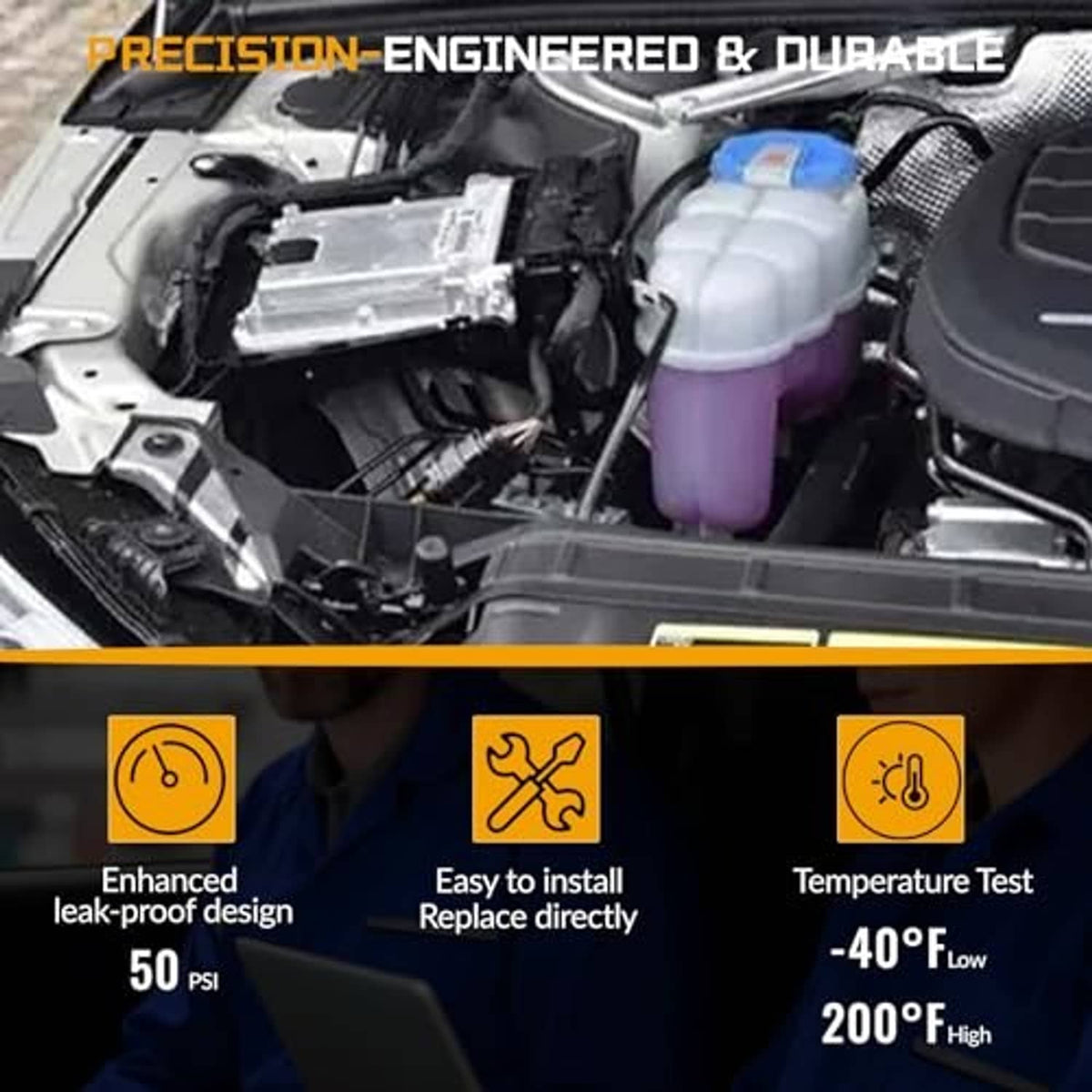 Black coolant overflow hose segment with connector fittings in engine bay