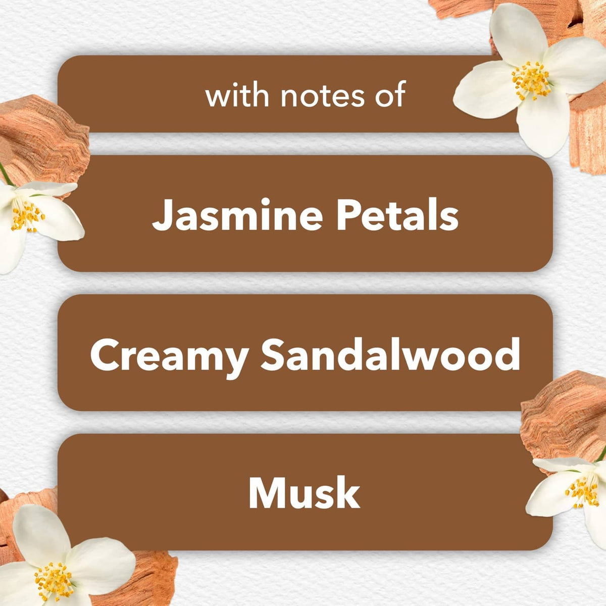 Glade Cashmere Woods fragrance notes card: jasmine petals, creamy sandalwood, musk