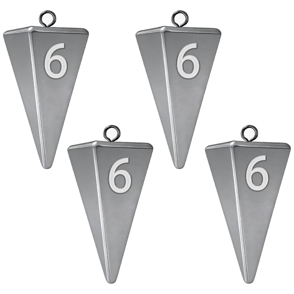 Small grey pyramid fishing sinker weights with metal loop rings, set of three