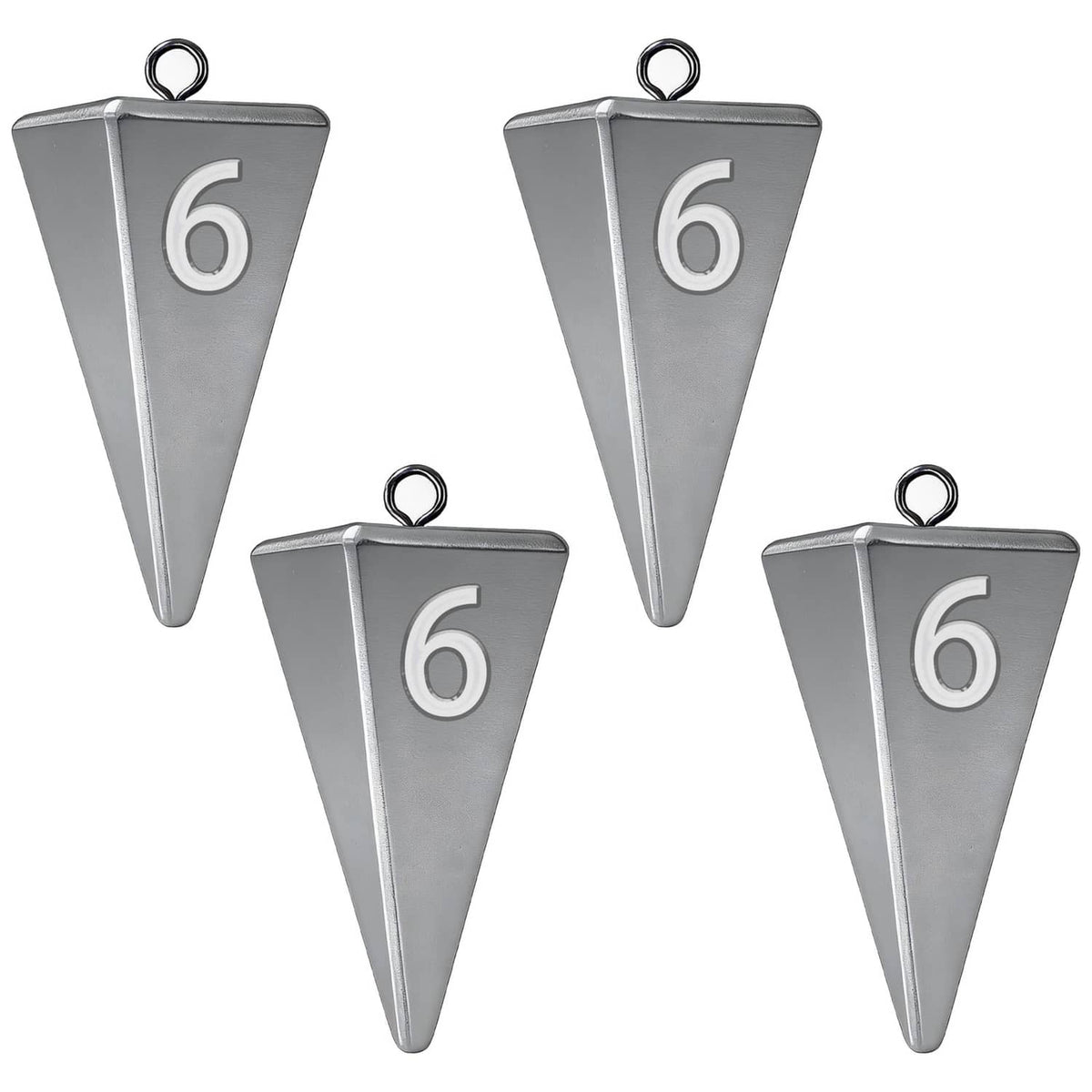 Small grey pyramid fishing sinker weights with metal loop rings, set of three