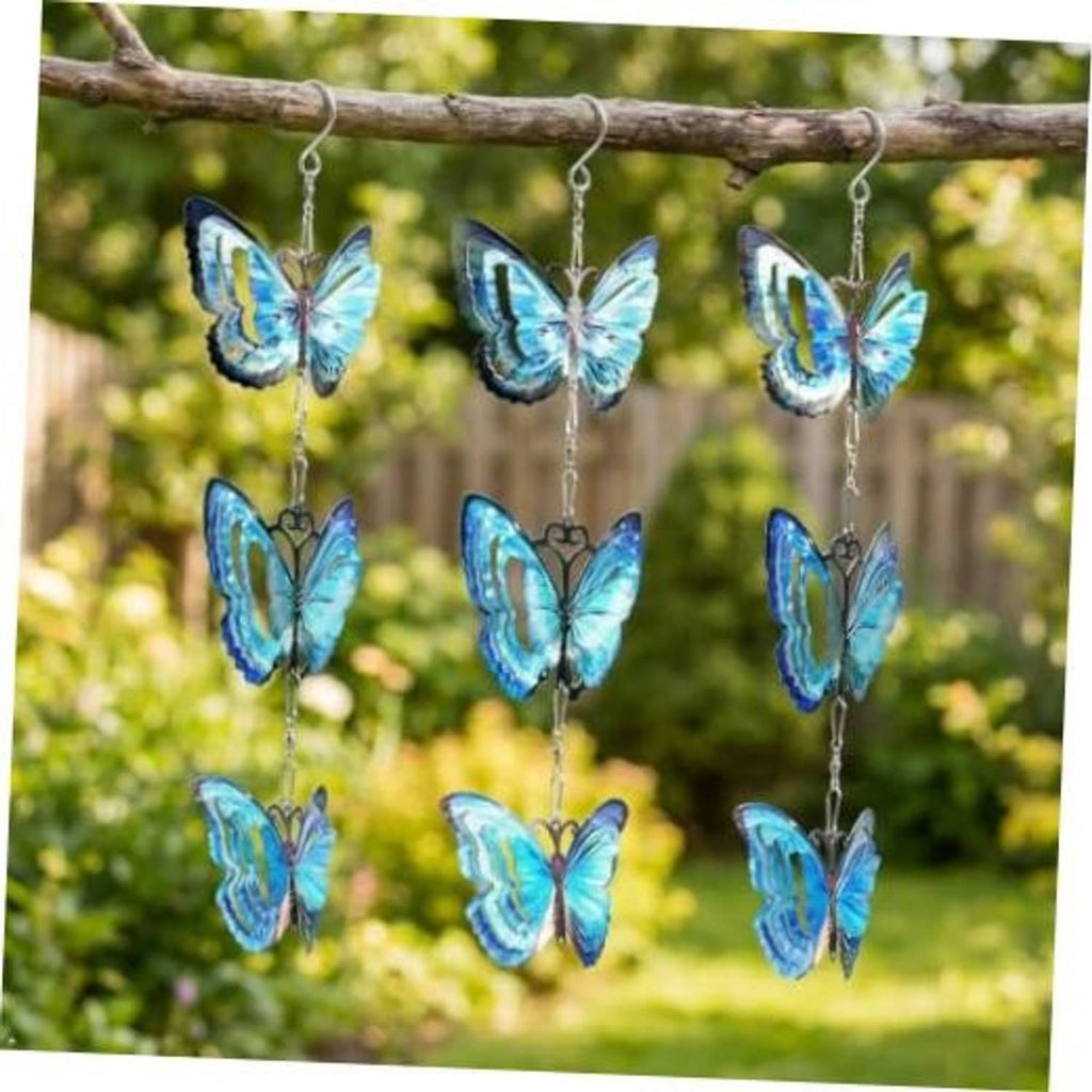 Blue butterfly metal hanging wind spinners with silver chains, set of 9