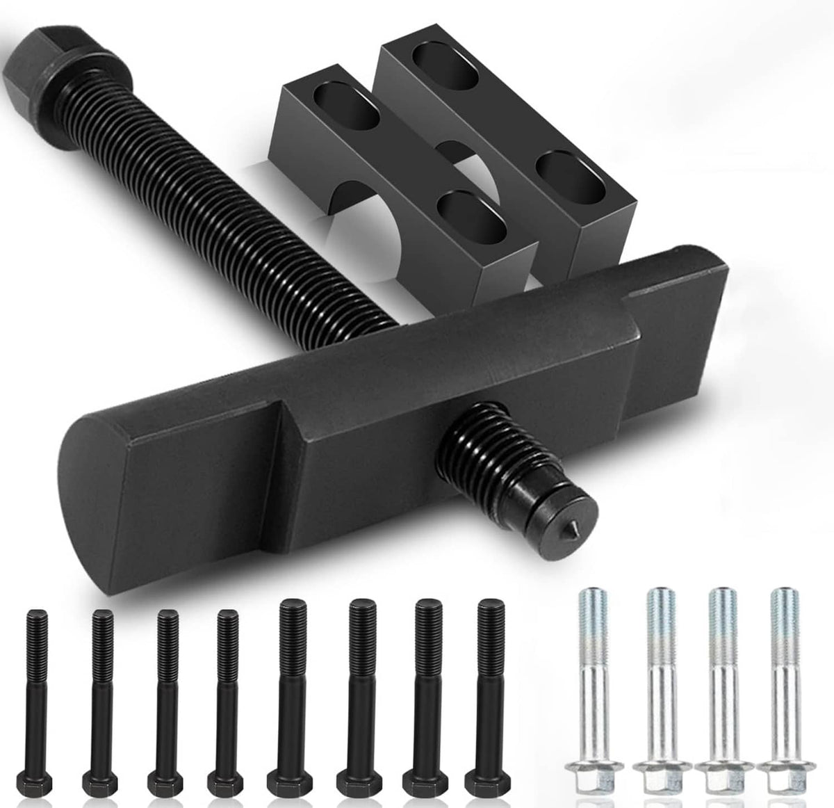 Heavy-duty yoke puller tool with black forcing screw, pull bar, and bolt hardware