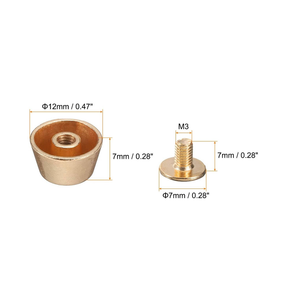 Gold-toned rivet stud handbag feet with base diameter and threaded post dimensions