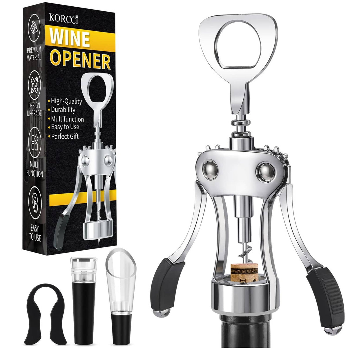 Wine bottle opener gift set in silver with foil cutter, vacuum stopper, and wine pourer