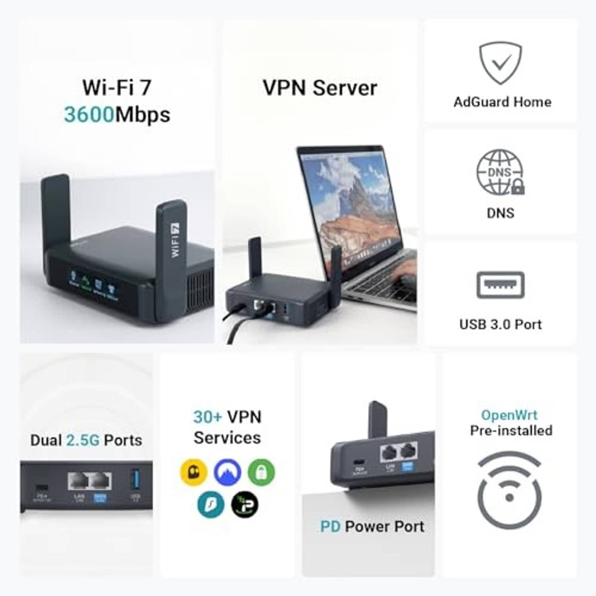 Black travel router with dual antennas and side ports shown in feature graphic
