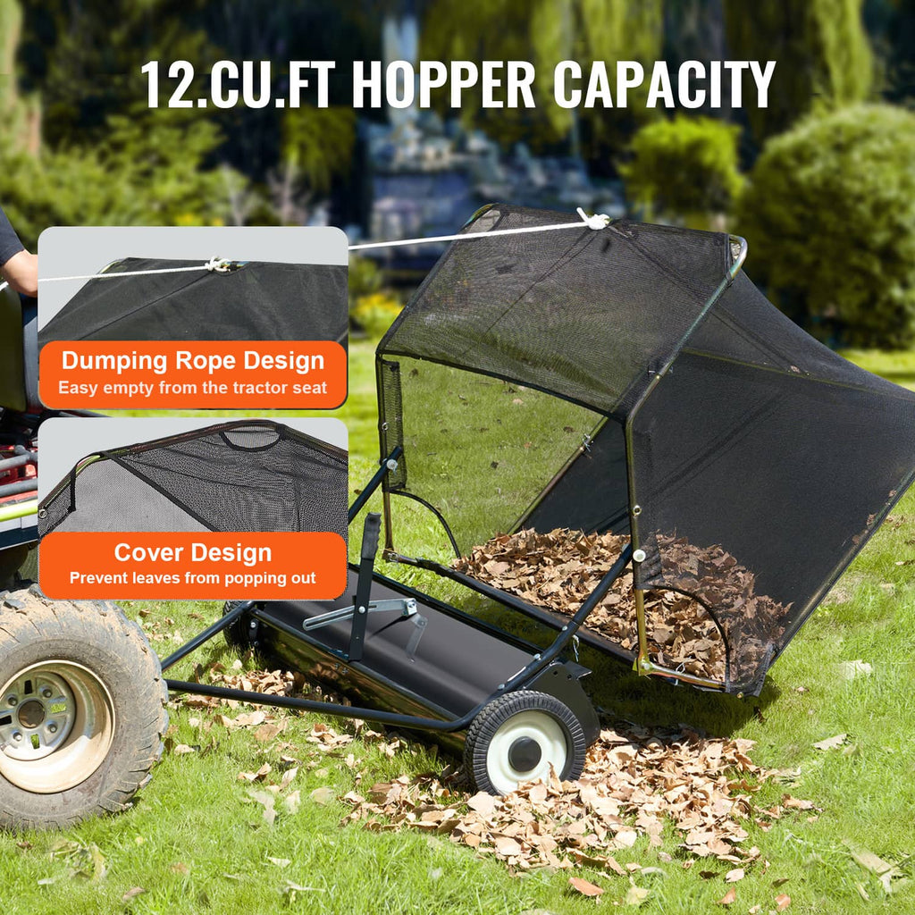 Tow-behind lawn sweeper with mesh hopper holding leaves on a yard