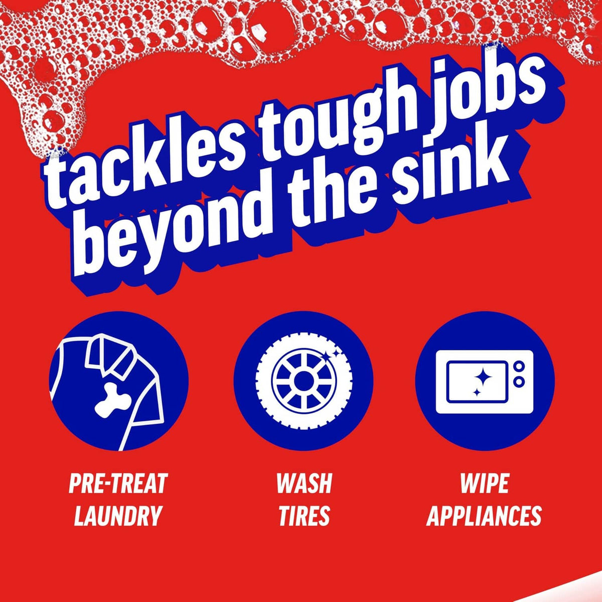 Dish detergent use icons for pre-treating, washing tires, and wiping appliances