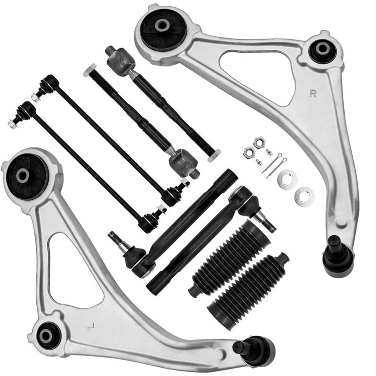 Front suspension arms and tie rod parts kit with boots, ball joints, and hardware pieces