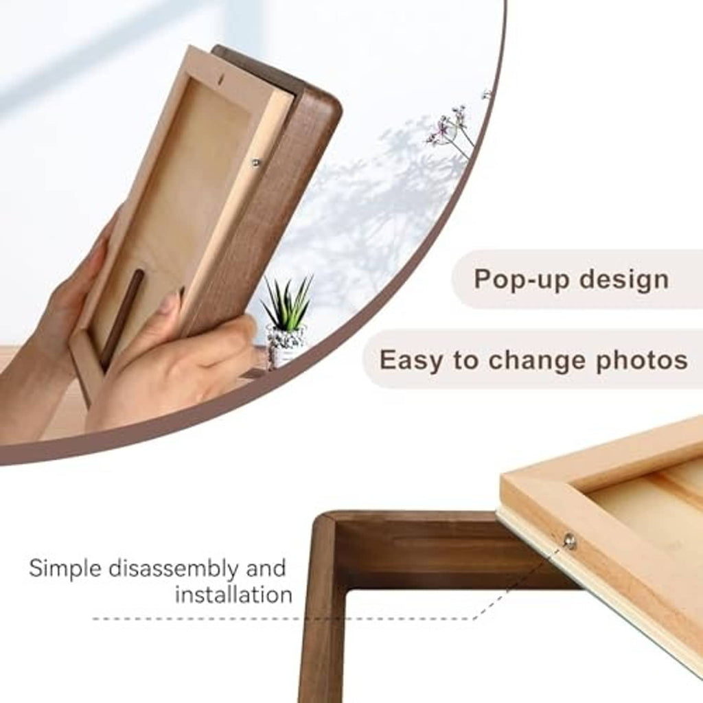 Walnut wood photo frame with hinged back open for easy photo changes