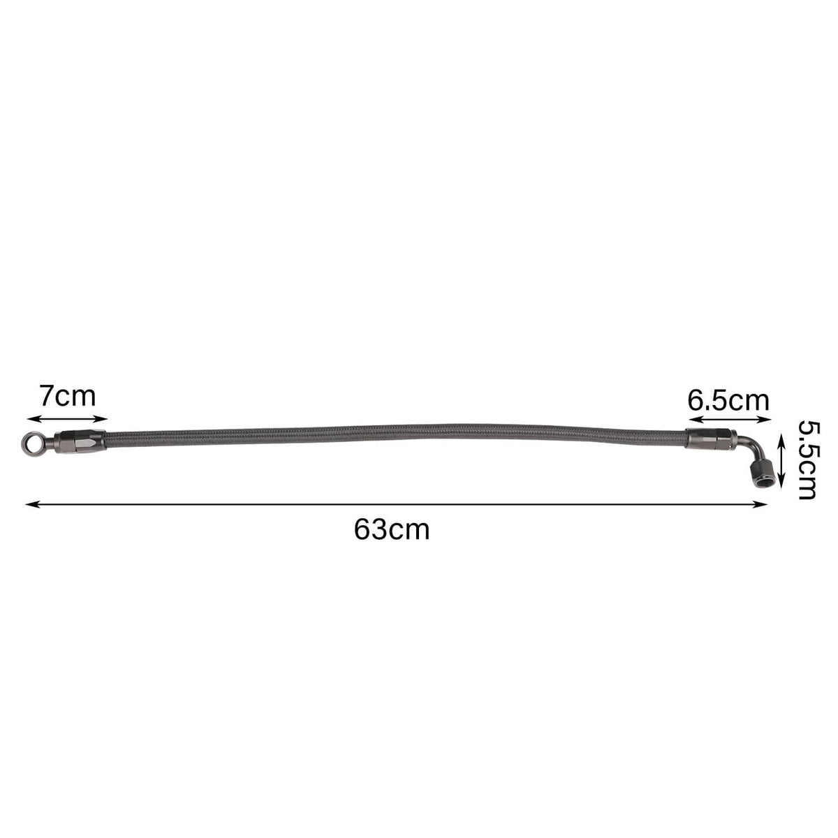 Braided fuel line hose with end fittings; length diagram shows 63 cm overall.