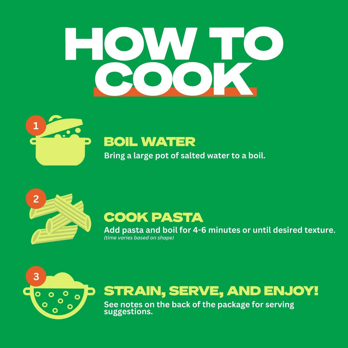 How to cook low carb pasta steps: boil water, cook pasta, strain, serve, enjoy