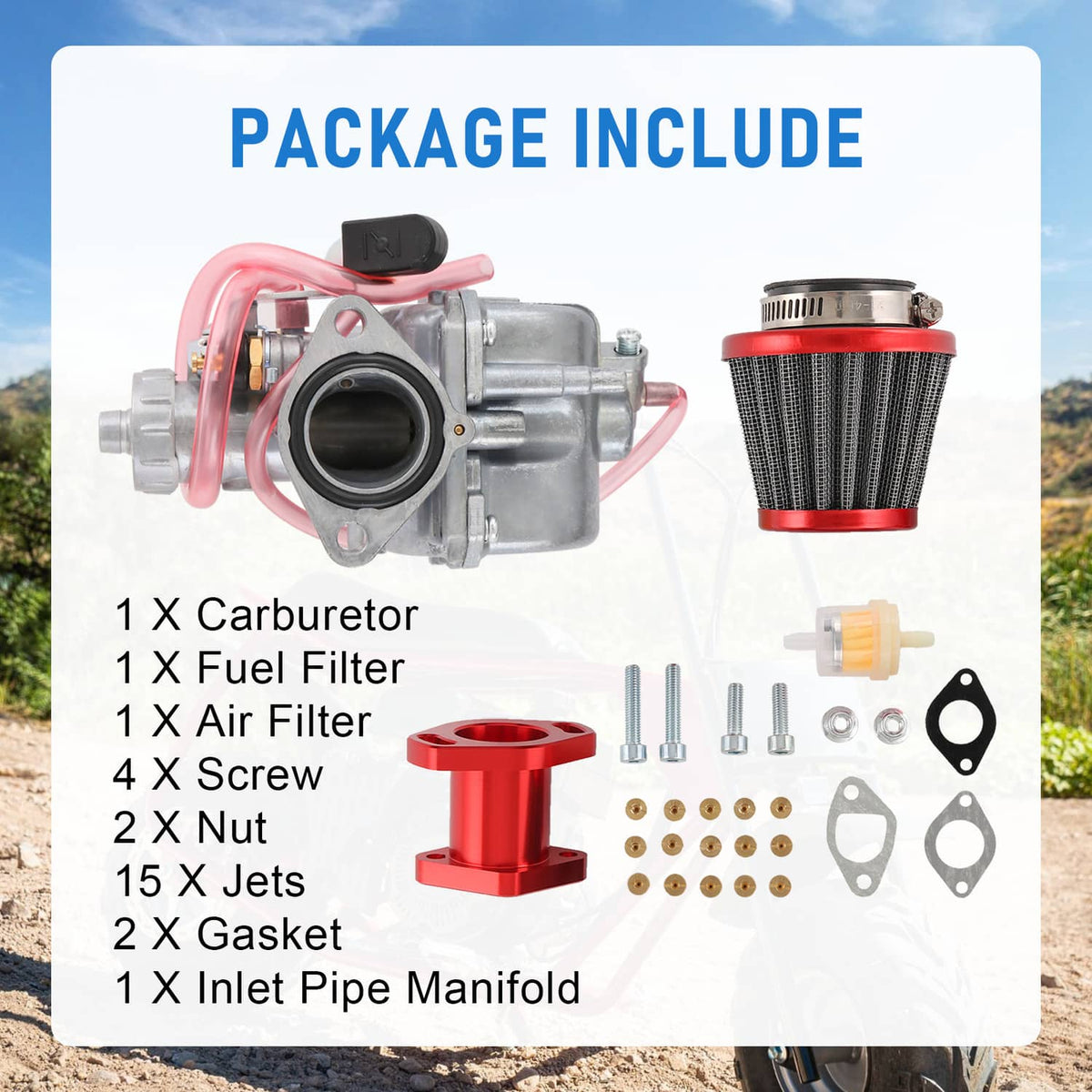 Carburetor kit contents with red air filter, inlet pipe, gaskets, jets, and screws