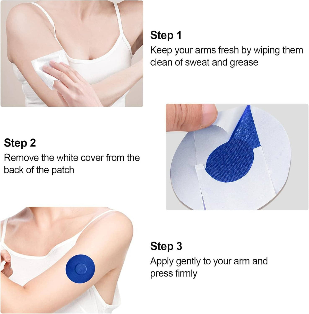 Blue circular adhesive patch on arm with white backing cover removed
