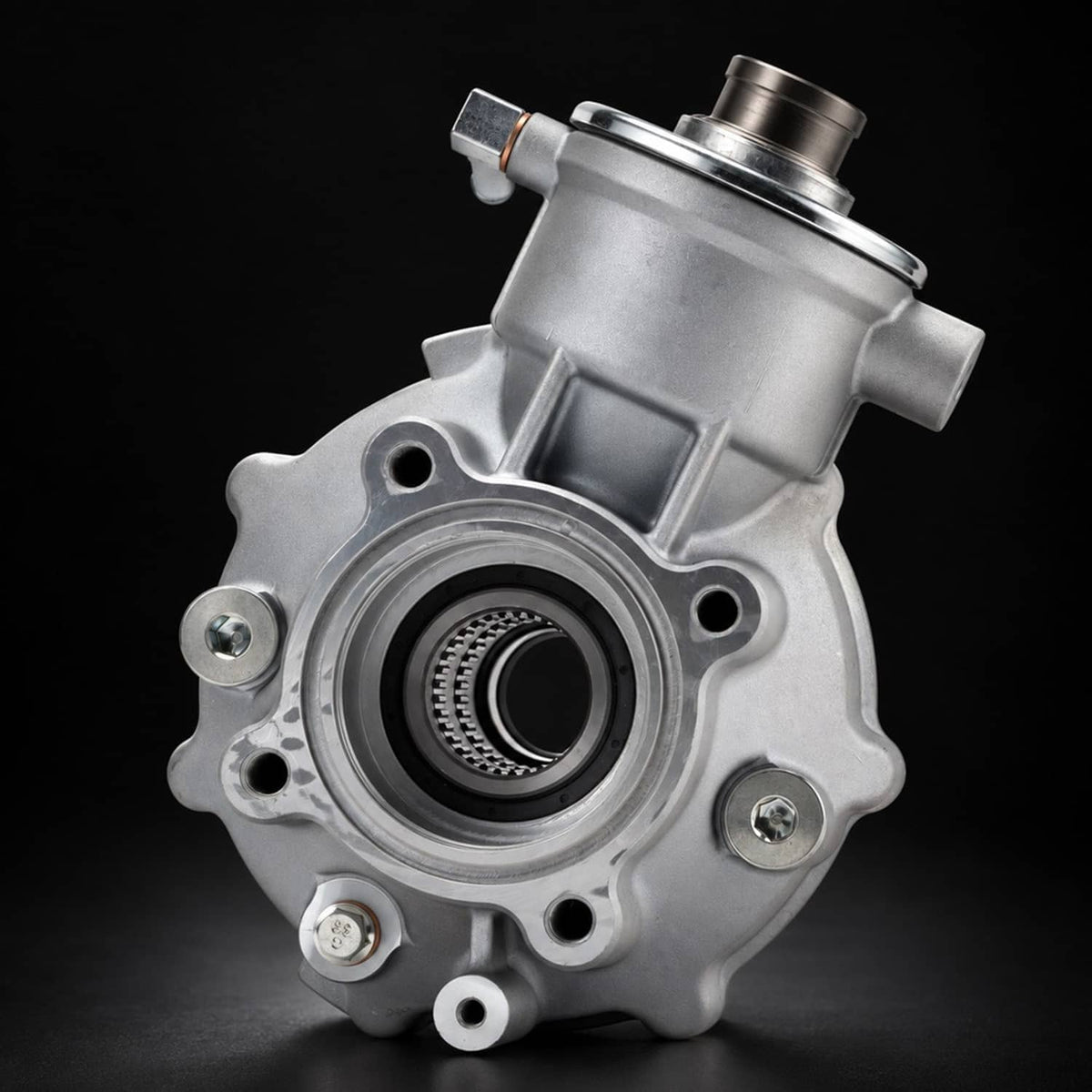 Rear differential gear case with black bearing insert and bolt holes