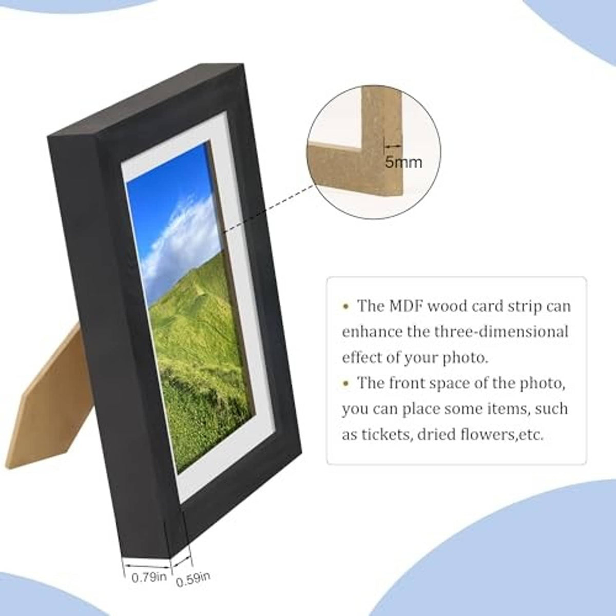 Black 4x6 shadow box photo frame with real glass on a tabletop stand