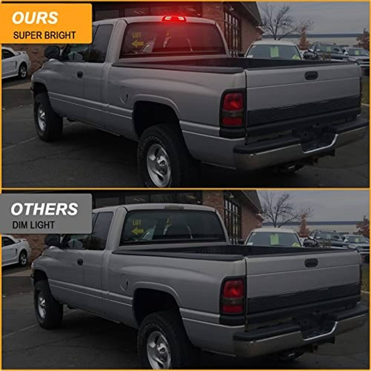 Smoked LED third brake light glowing bright red, mounted on pickup rear