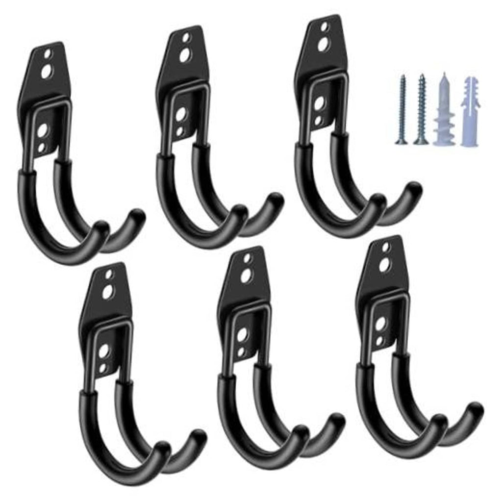 Set of 6 black J-shaped garage hooks with mounting plates and curved arms