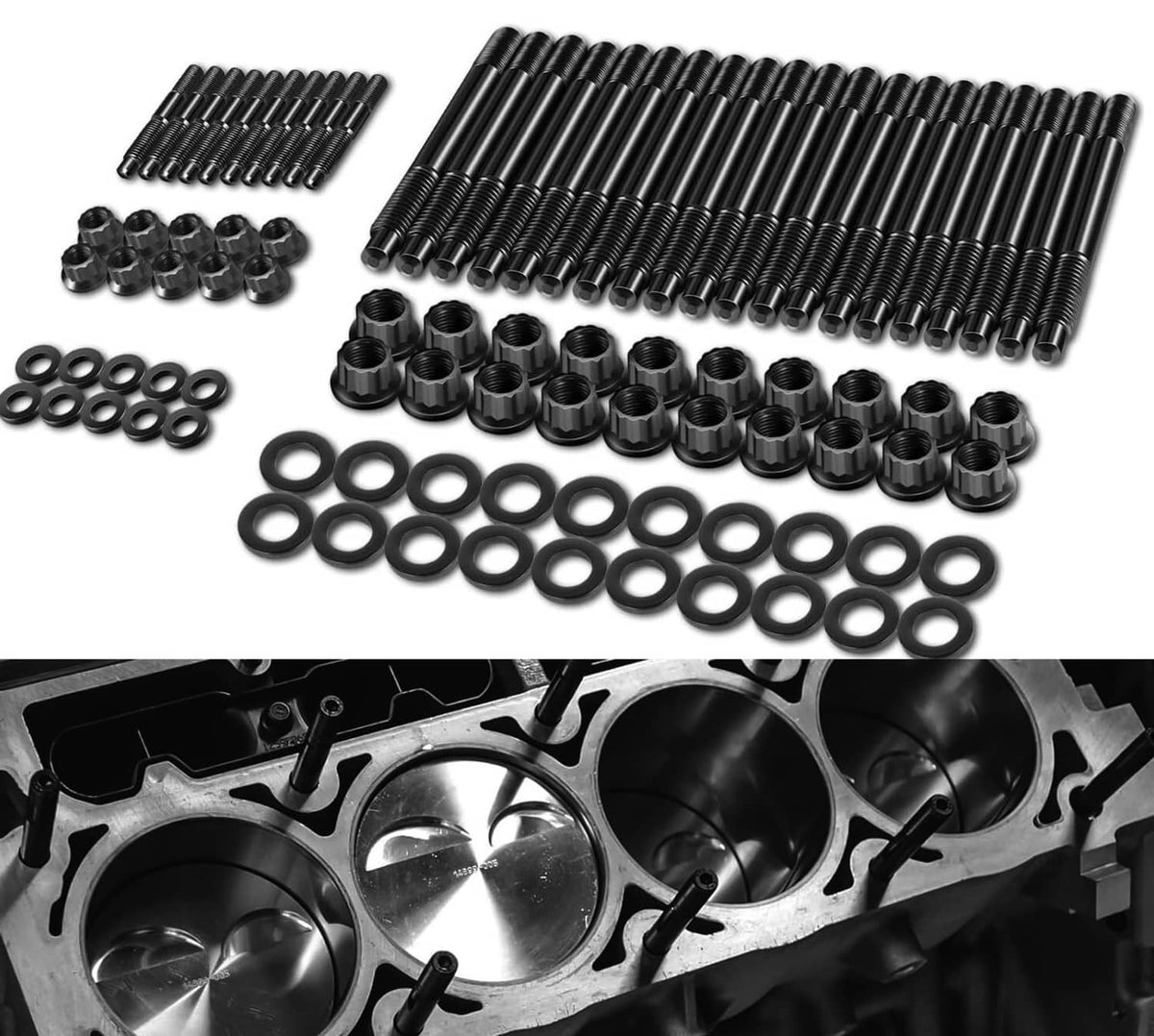 Black head stud bolts kit with studs, nuts, and washers for engine cylinder heads