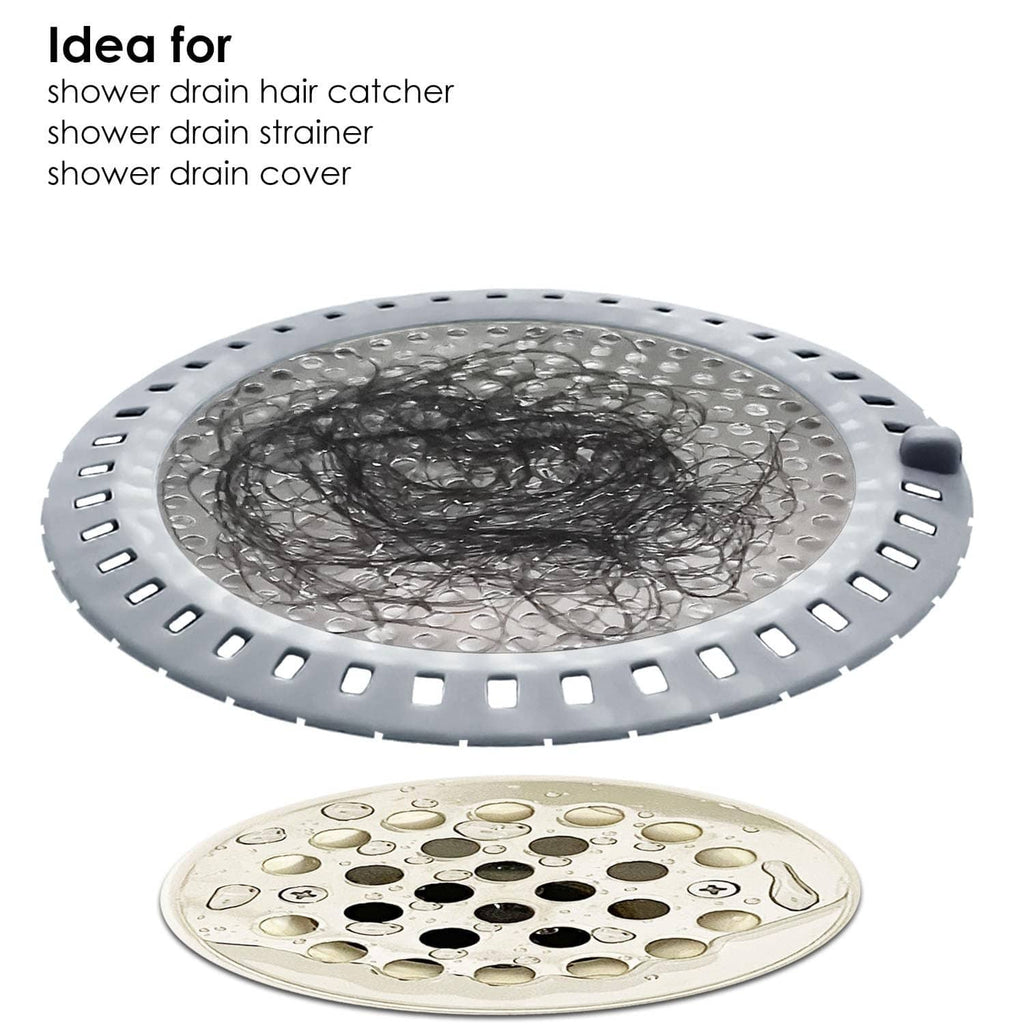 Round shower drain hair catcher strainer catching hair in the perforated mesh