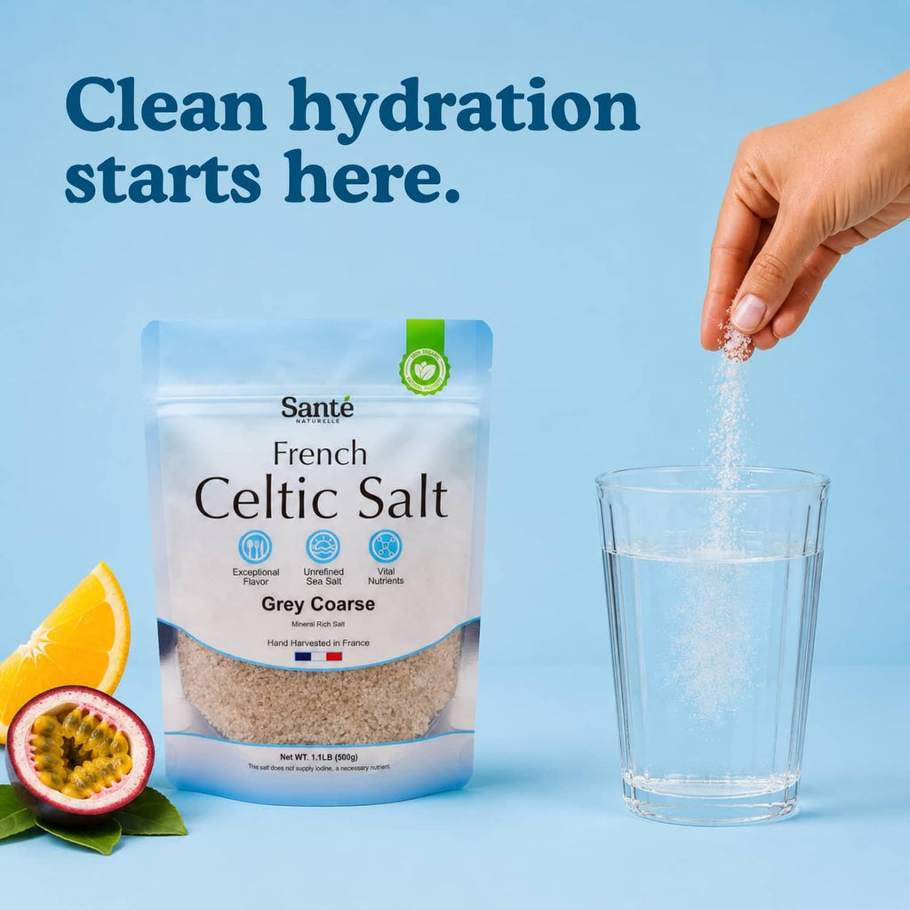 Grey coarse sea salt pouch with salt being poured into a glass of water