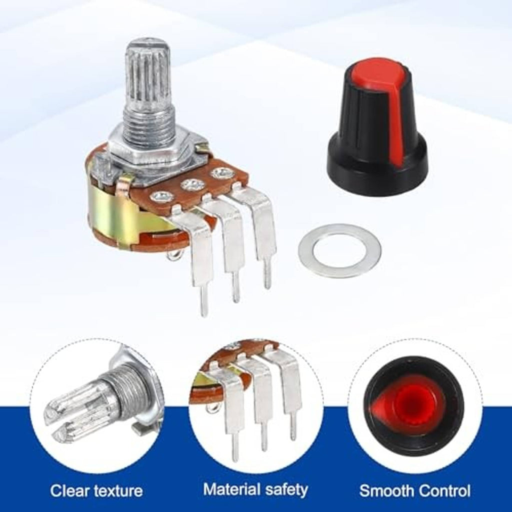 Potentiometer set with red-black knob, silver metal shaft, 3-pin terminals, and washer