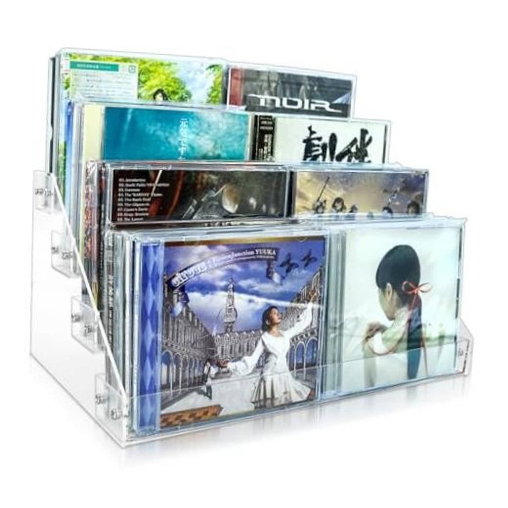 Clear acrylic 4-tier cascading CD/DVD holder with CDs in front loading sleeves