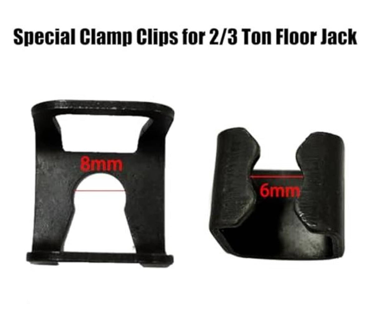 Two black floor jack clamp clips, different shapes with open center