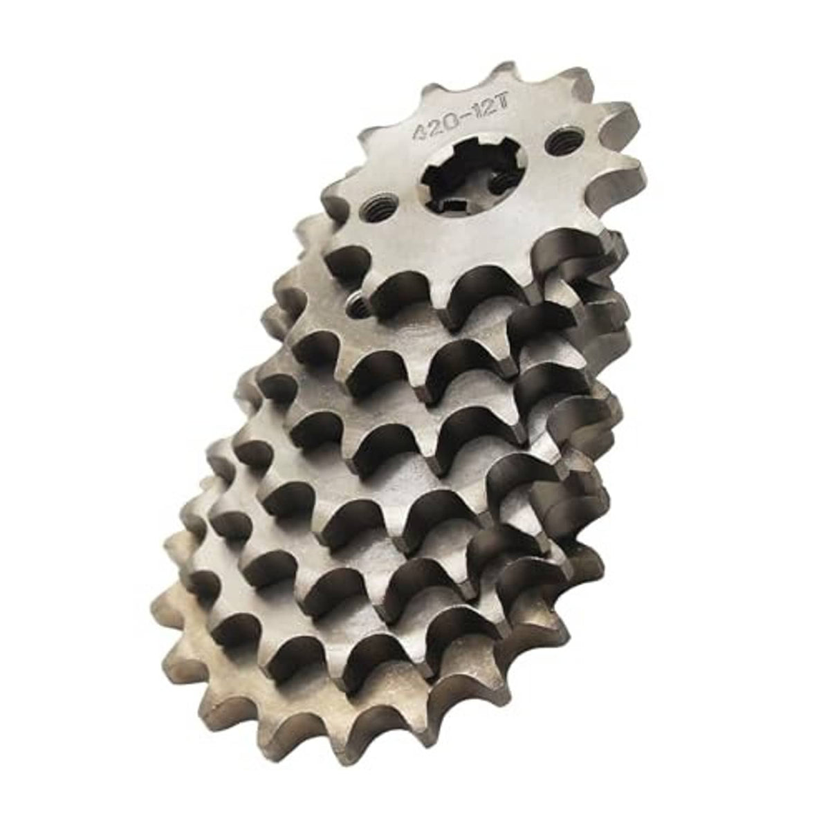 Steel 420 chain front sprocket cog, 12T, underside view with mounting holes