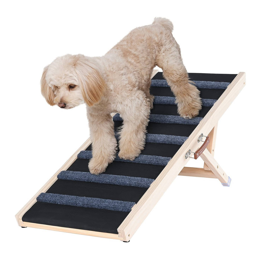 Folding pet dog ramp with dark anti-slip steps and light wood frame, dog on ramp