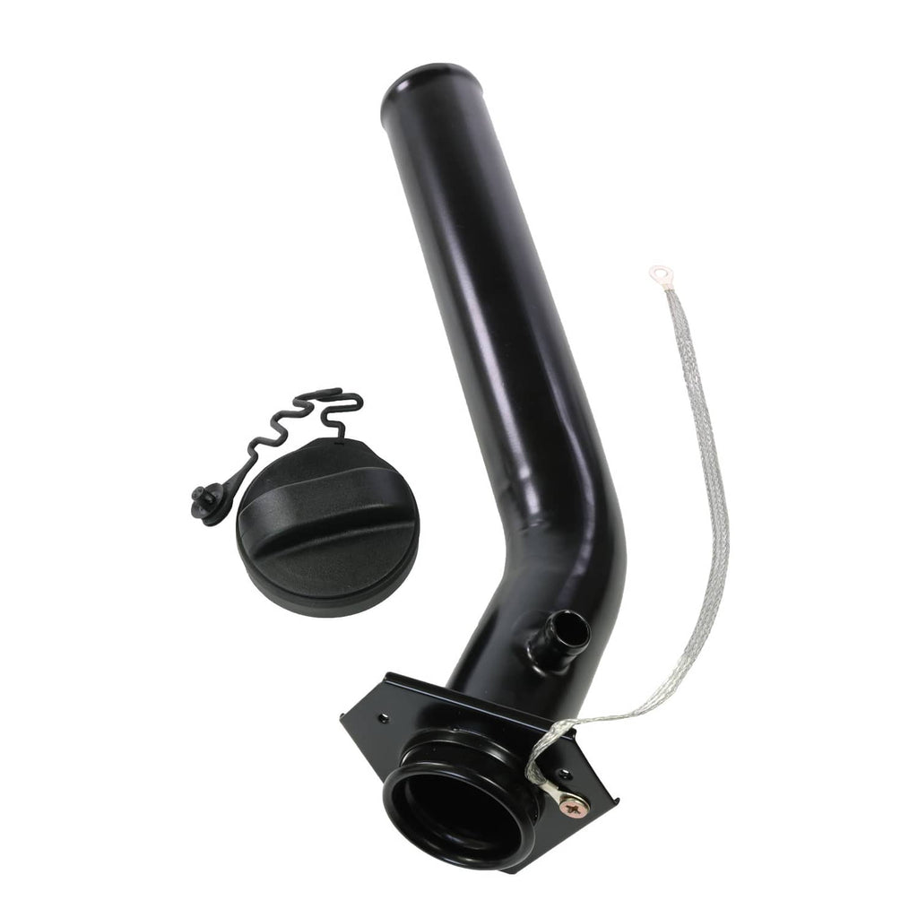 Fuel tank filler neck tube with black cap and tether cable, angled view