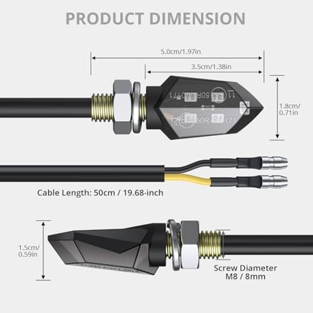 LED indicator size diagram with black wiring and octagon lens housing, includes cable length