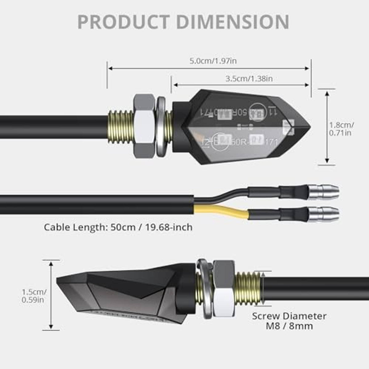 LED indicator size diagram with black wiring and octagon lens housing, includes cable length