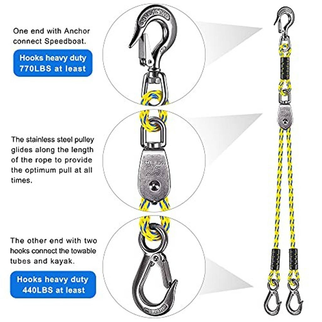Boat tow rope system with stainless pulley and two heavy-duty silver end hooks