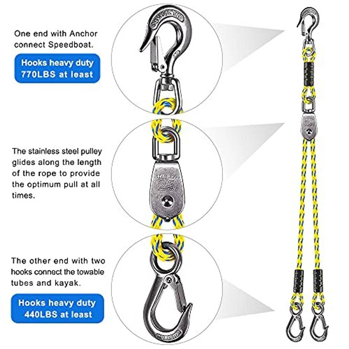 Boat tow rope system with stainless pulley and two heavy-duty silver end hooks