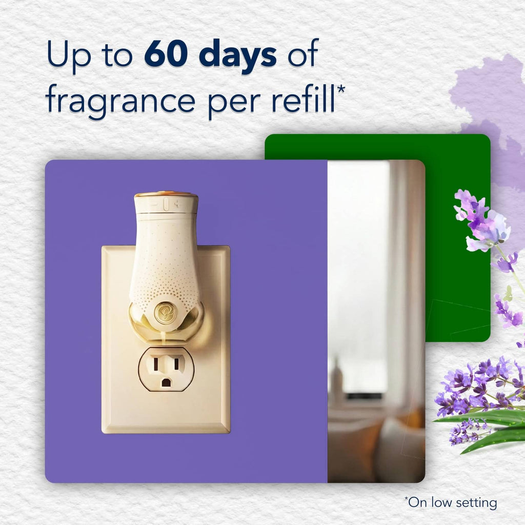 Plug-in warmer showing lavender refill with up to 60 days of fragrance per refill