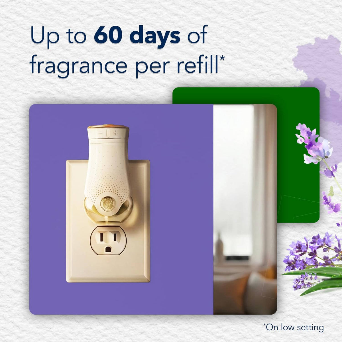 Plug-in warmer showing lavender refill with up to 60 days of fragrance per refill