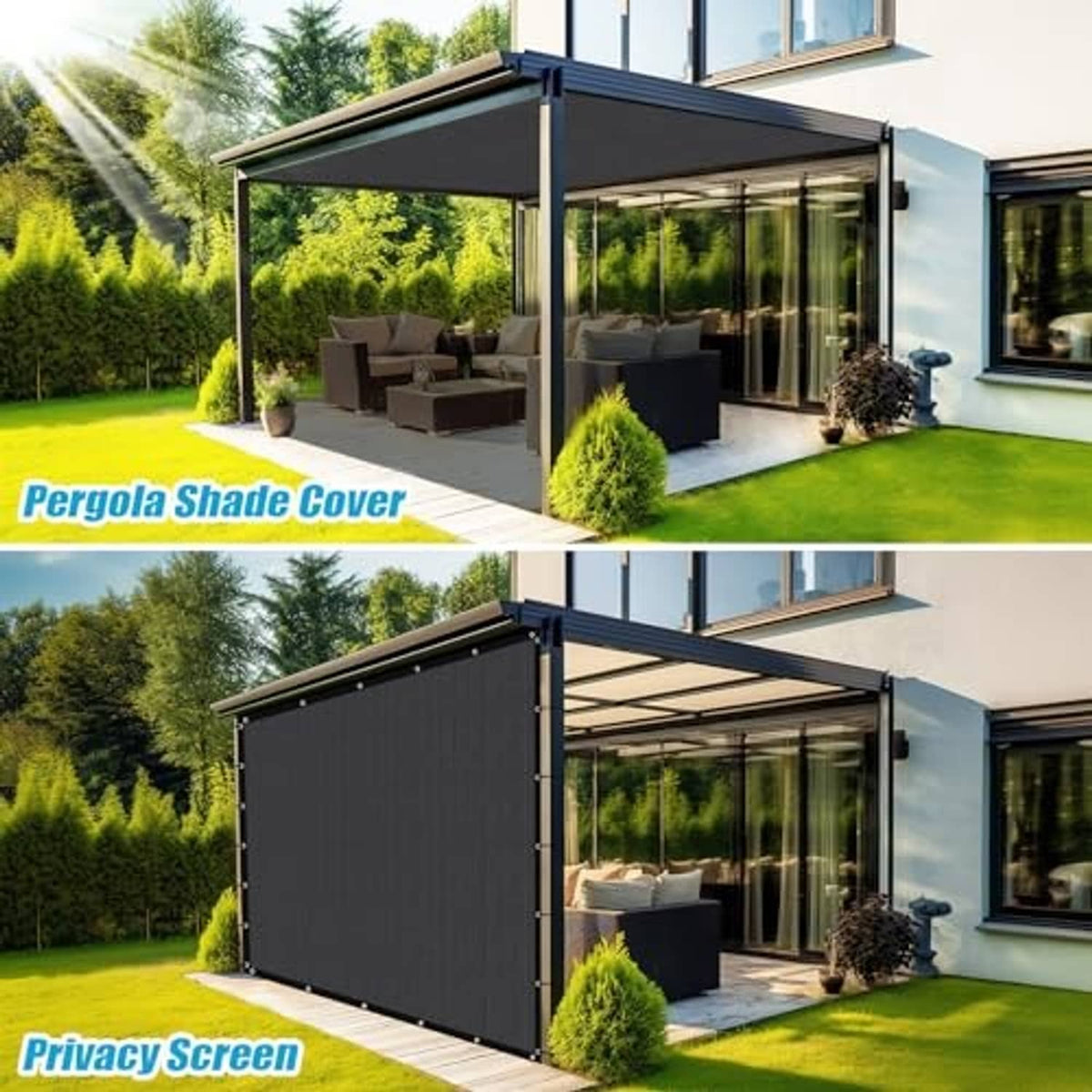 Pergola shade cover privacy screen, dark gray fabric panels