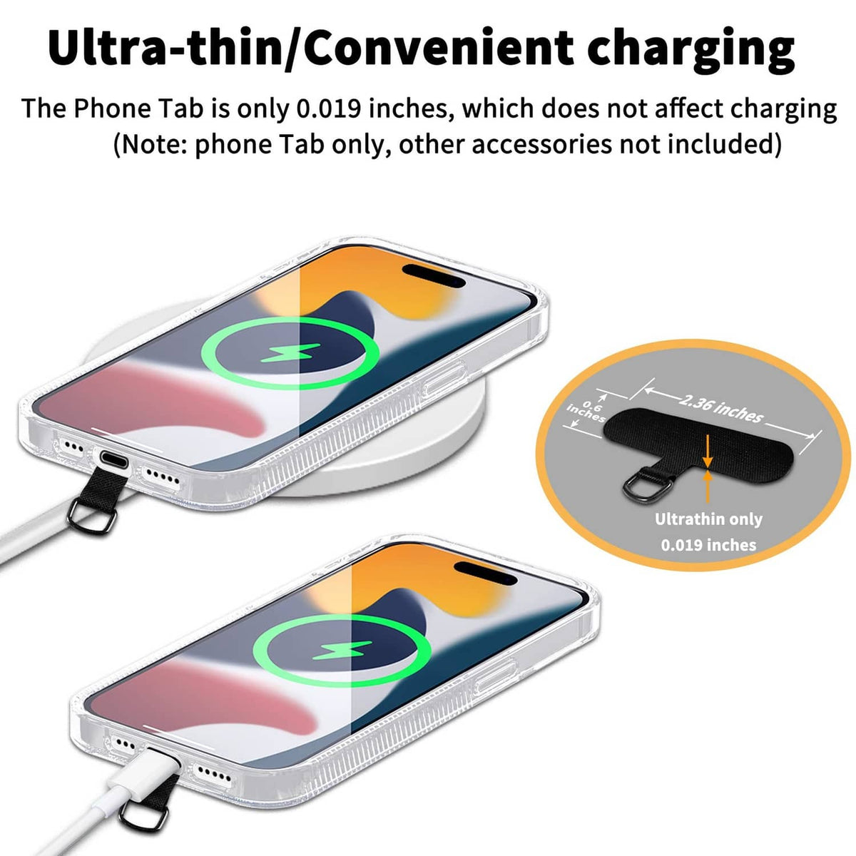 Thin black phone tether tab with D-ring, designed for easy charging