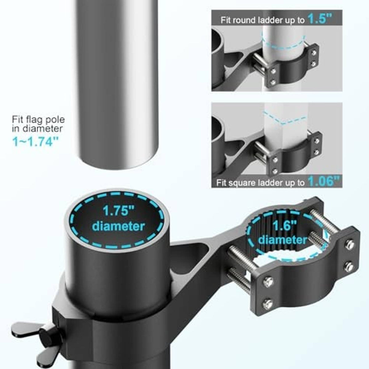 Black flag pole holder close-up showing clamp fit guides for round and square ladders