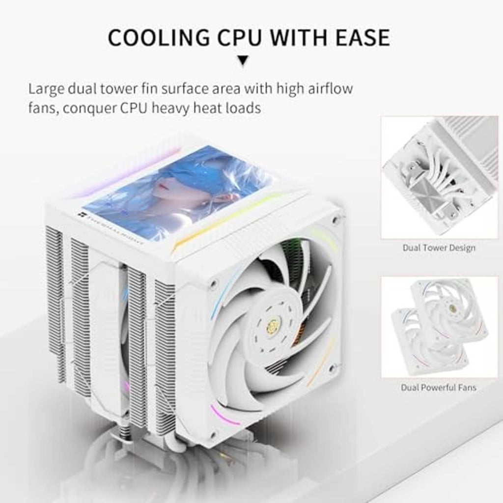 White dual-tower CPU air cooler with two fans and RGB accents; front display panel visible