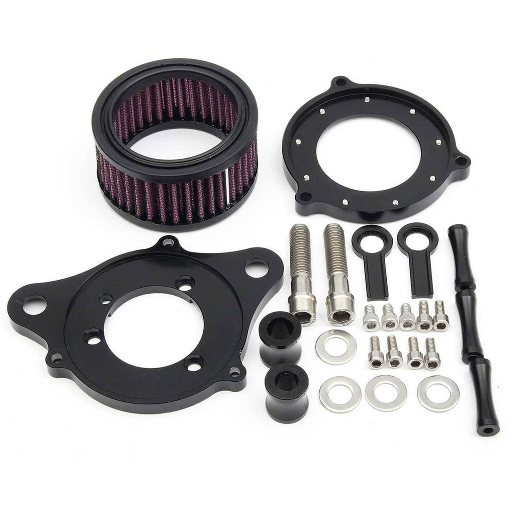 Air cleaner intake filter kit parts set: black housing, red pleated filter, hardware
